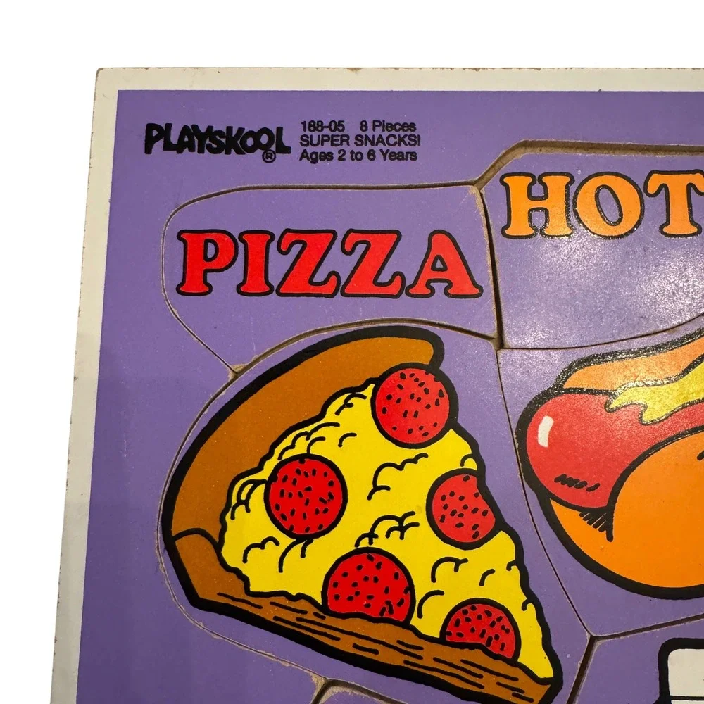 Playskool 1987 Super Snacks Pizza Hotdog Cookies Milk Wooden Puzzle 8‎ Pieces